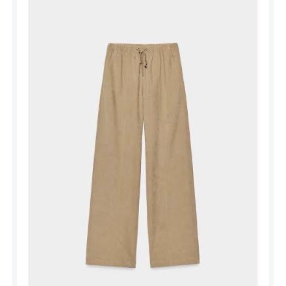 Zara Tan Crinkle Textured Straight Leg Drawstring Pants Large Khaki L Relaxed